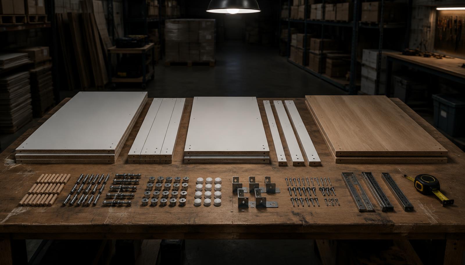 A dim warehouse bench with desk panels, dowels, cam locks and brackets laid out in rows