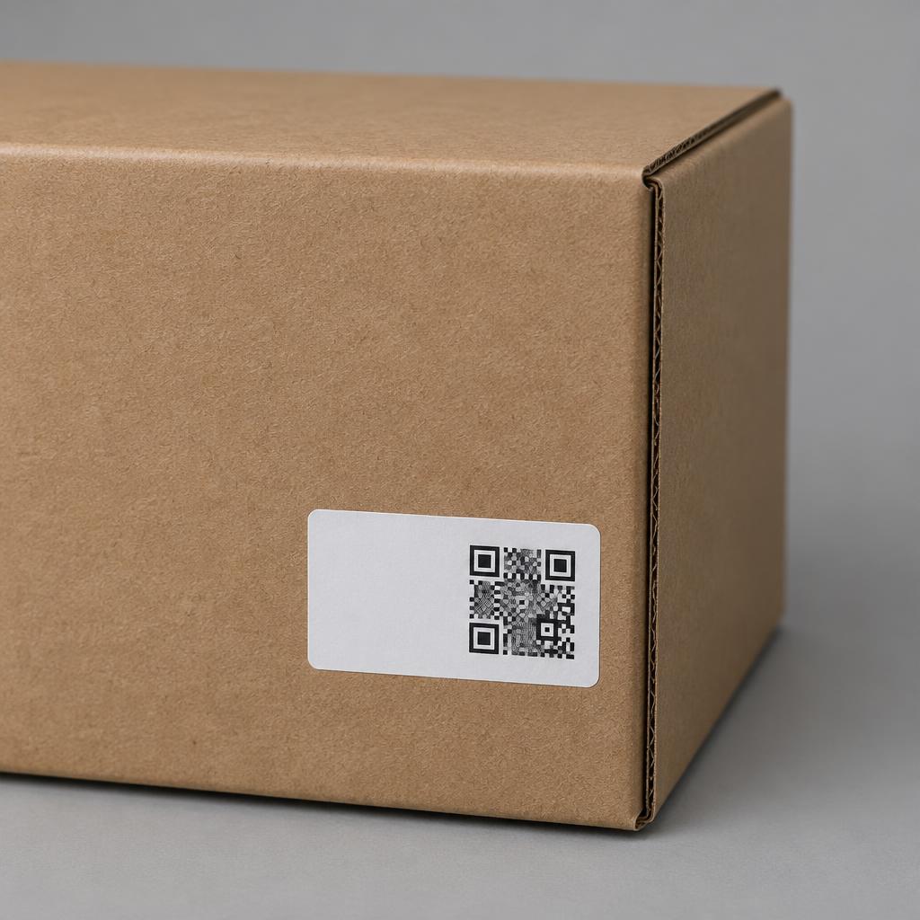 A plain cardboard shipping carton with a small printed QR label on its side
