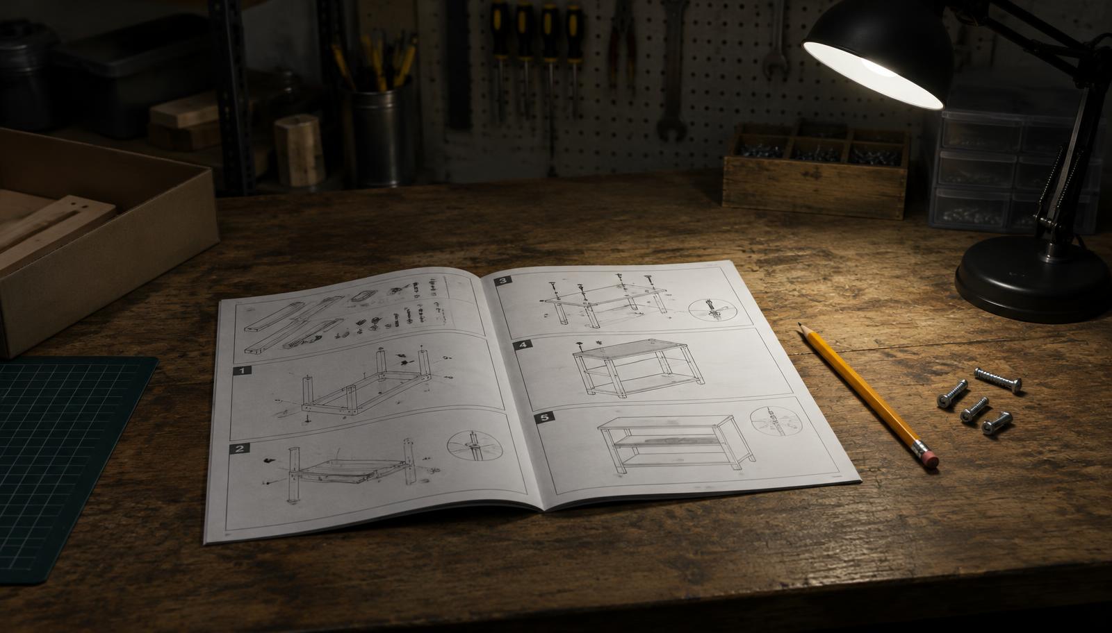 A dim workshop desk with an open printed assembly manual, a pencil and a few screws under a desk lamp